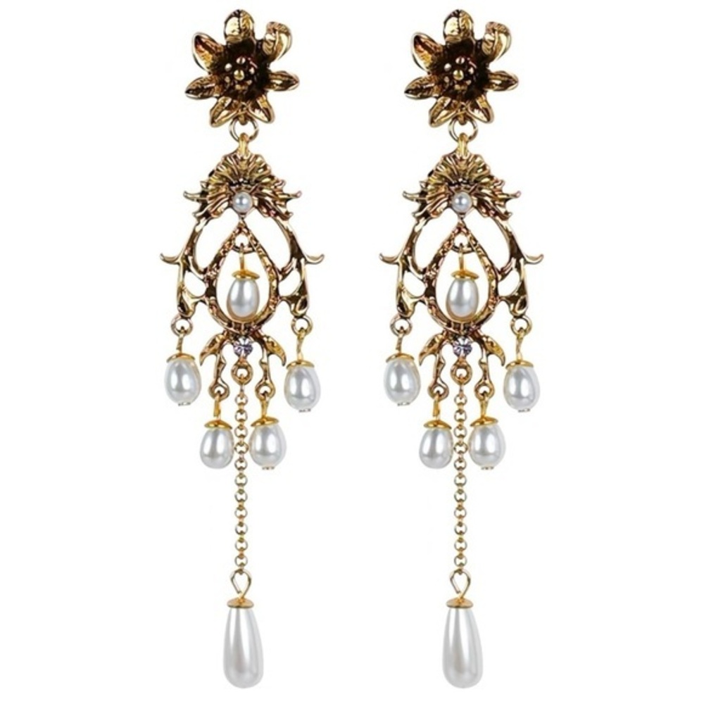 Gold and Pearl Chandelier Earrings